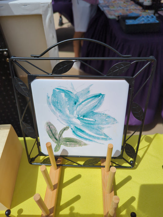 Ceramic Trivet - Teal Blue Flower