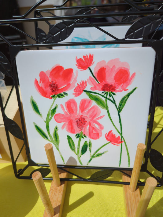 Ceramic Trivet - Red Rose Bouquet